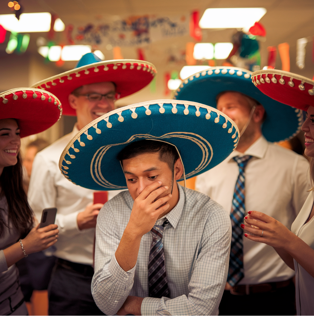 A group of people wearing sombreros, symbolizing diversity and celebration, ironically reflecting the lack of authentic inclusion when DEI efforts are discarded.